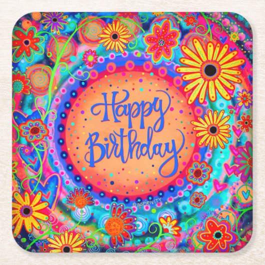 Gelukkige Verjaardag Leuk Kleurrijke Bloemen Inspi Kartonnen Onderzetters (Voorkant)