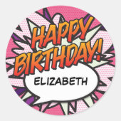 GELUKKIGE VERJAARDAG Leuk stripboek Roze Ronde Sticker (Voorkant)