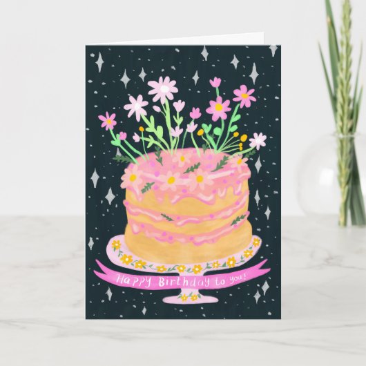 Gelukkige Verjaardag Leuke Taart met Roze Bloemen  Kaart (Voorkant)