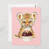 Gelukkige Verjaardag - Leuke Tijger met Cupcake Briefkaart (Voorkant / Achterkant)