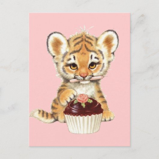 Gelukkige Verjaardag - Leuke Tijger met Cupcake Briefkaart (Voorkant)