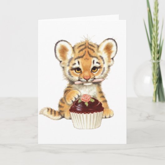 Gelukkige Verjaardag - Leuke Tijger met Cupcake Kaart (Voorkant)
