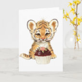 Gelukkige Verjaardag - Leuke Tijger met Cupcake Kaart (Gele Bloem)