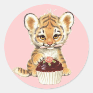 Gelukkige Verjaardag - Leuke Tijger met Cupcake Ronde Sticker