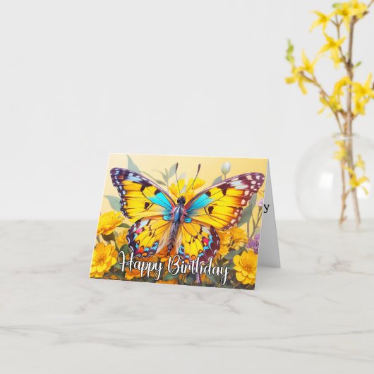 Gelukkige Verjaardag Levendig Vlinderontwerp Kaart (Gele Bloem)
