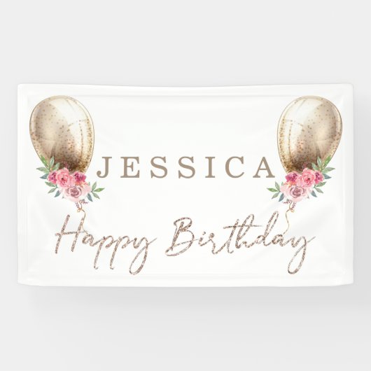 Gelukkige Verjaardag Luxe Beige Ballon Glitter Spandoek (Horizontaal)