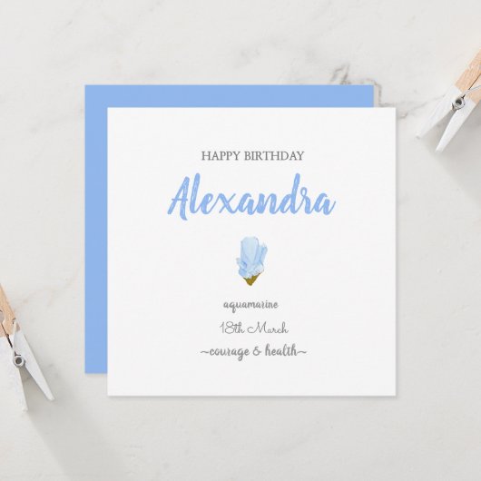 Gelukkige verjaardag Maart geboortesteen Aquamarij Kaart (Voorkant / Achterkant in situ)