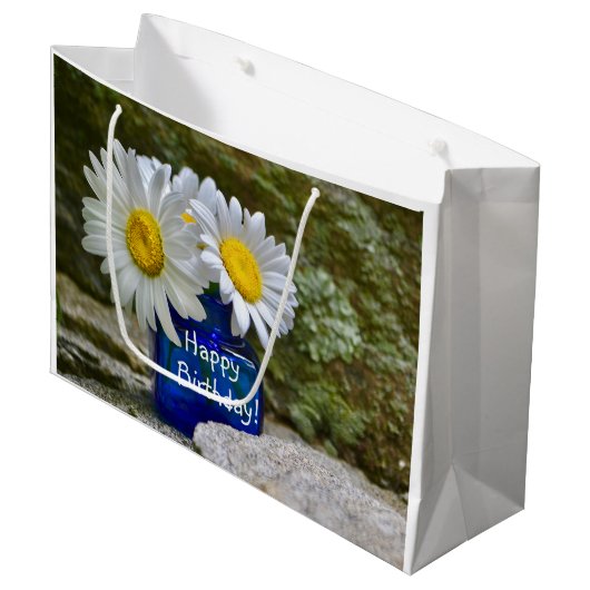 Gelukkige verjaardag madeliefjes groot cadeauzakje (Voorkant Gekanteld)