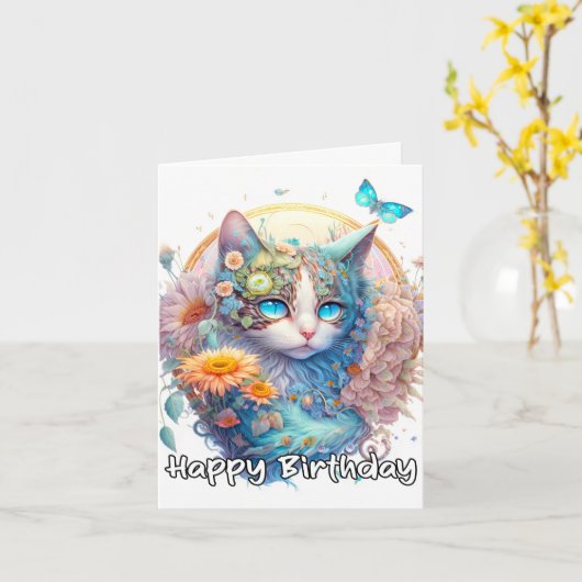 Gelukkige Verjaardag Majestic Kitty Cat Design Kaart (Gele Bloem)