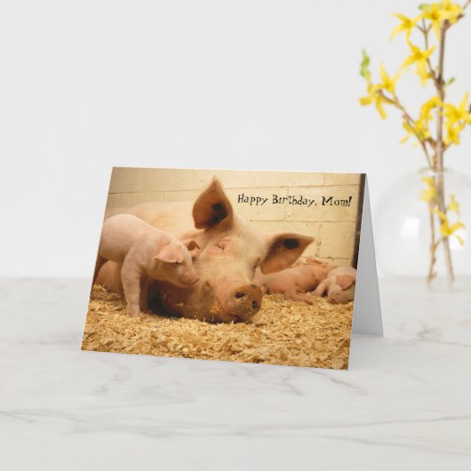 Gelukkige Verjaardag Mama Moeder Varken en biggen  Kaart (Gele Bloem)