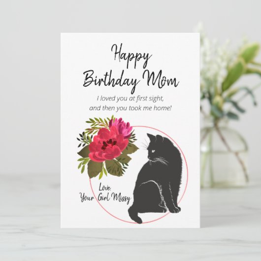 Gelukkige verjaardag mama van Cat Floral Feestdagenkaart (Staand voorkant)