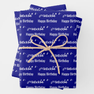 Gelukkige Verjaardag Marine Blauw en Wit Naam Patr Inpakpapier Vel