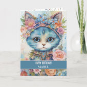 Gelukkige Verjaardag Meisje Blauwe Kat Brede Ogen  Kaart (Voorkant)