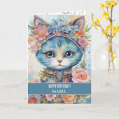 Gelukkige Verjaardag Meisje Blauwe Kat Brede Ogen  Kaart (Gele Bloem)