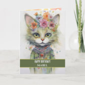 Gelukkige Verjaardag Meisje Groene Kat Brede Ogen Kaart (Voorkant)
