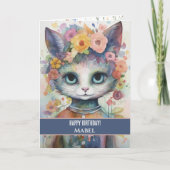 Gelukkige Verjaardag Meisje Paarse Kat Brede Ogen  Kaart (Voorkant)