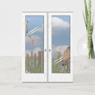 Gelukkige verjaardag-meisje vliegende vlieger kaart