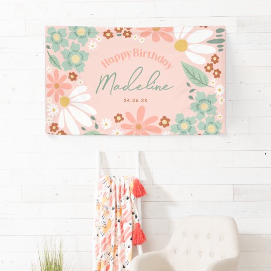 Gelukkige Verjaardag Meisjes Schattige Roze Daisy Spandoek (Insitu)