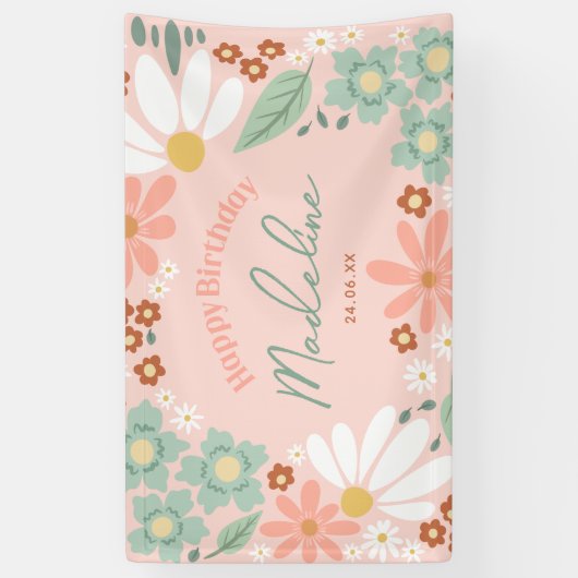 Gelukkige Verjaardag Meisjes Schattige Roze Daisy Spandoek (Verticaal)