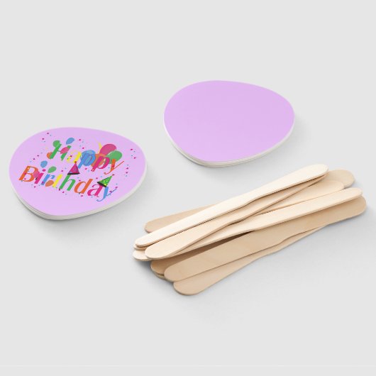 Gelukkige verjaardag met ballonnen op paars handwaaier (Niet-gemonteerd)