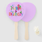 Gelukkige verjaardag met ballonnen op paars handwaaier (Voorkant en achterkant)