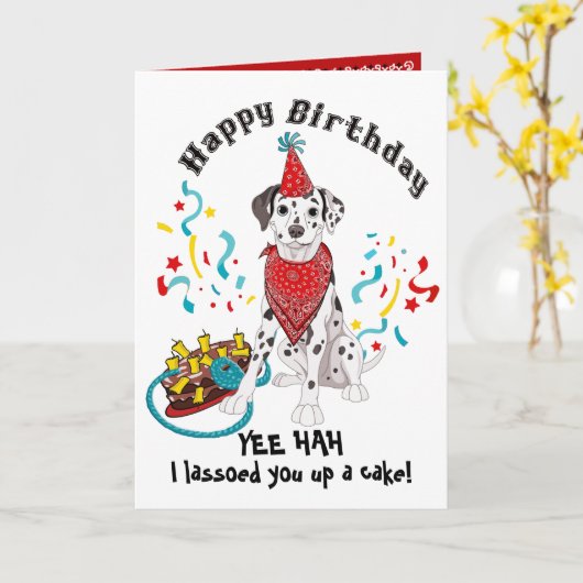 Gelukkige Verjaardag met Dalmatische Hond in Red B Kaart (Gele Bloem)