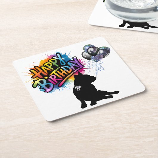 Gelukkige verjaardag met een Frenchie en ballonnen Kartonnen Onderzetters (Schuin)