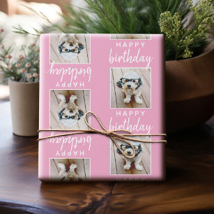 Gelukkige Verjaardag met Één Vierkante Foto - roze Cadeaupapier