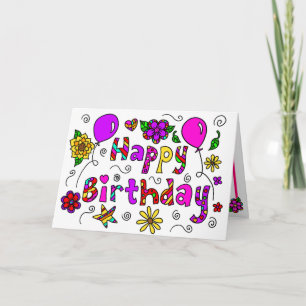 Gelukkige verjaardag met grillige bloemen en ballo kaart
