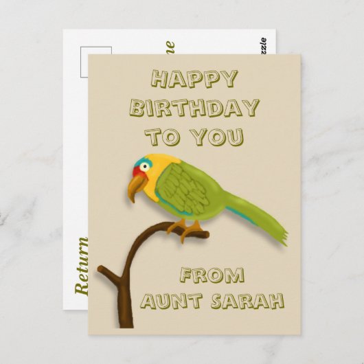 Gelukkige verjaardag, met kleurrijke papegaai op b briefkaart (Voorkant / Achterkant)