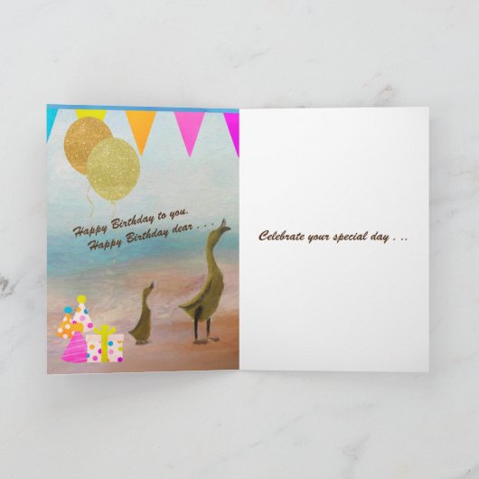 Gelukkige Verjaardag met taart, geschenken, ballon Kaart (Binnen)