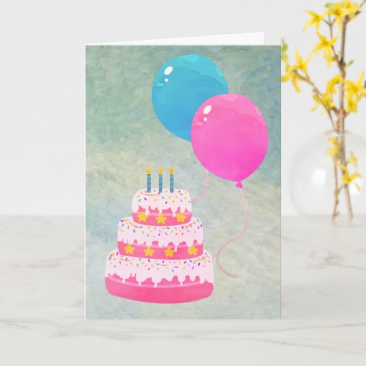 Gelukkige Verjaardag met taart, geschenken, ballon Kaart (Gele Bloem)