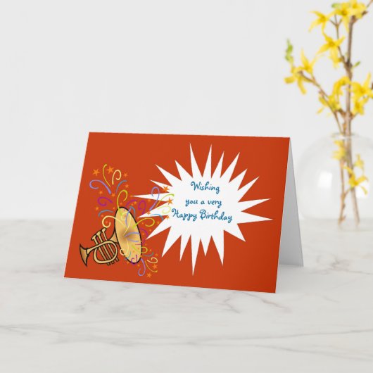 Gelukkige verjaardag met trompet en streamers kaart (Gele Bloem)