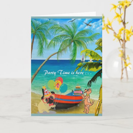 Gelukkige verjaardag met zand en palmbomen kaart (Gele Bloem)