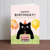 Gelukkige verjaardag met zwarte kat, taart en kaar kaart