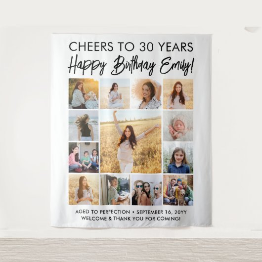 Gelukkige Verjaardag Modern Photo Collage Party Si Wandkleed (Voorkant)