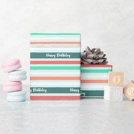 Gelukkige Verjaardag Moderne Perzik Aqua Streeppat Cadeaupapier
