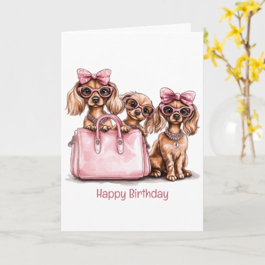 Gelukkige Verjaardag Modieuze Teckel Honden Kaart (Gele Bloem)