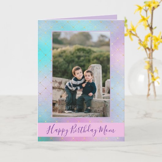 Gelukkige verjaardag moeder paars en blauwe foto kaart (Gele Bloem)