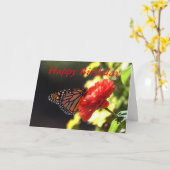 Gelukkige Verjaardag Monarch Butterfly op Red Zinn Kaart (Gele Bloem)