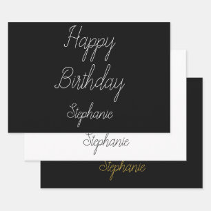 Gelukkige Verjaardag Monogram Naam Zwart Wit Goud Inpakpapier Vel