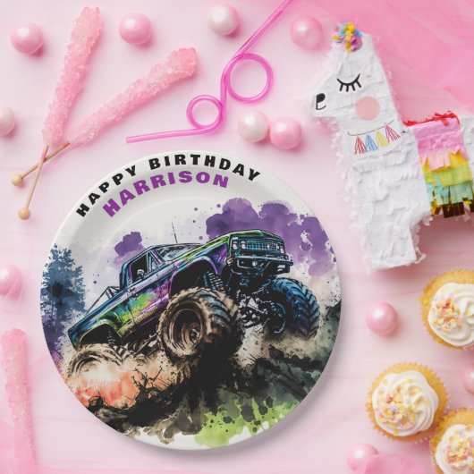 Gelukkige verjaardag Monster Truck Smash Crash Boy Papieren Bordje (Feest)