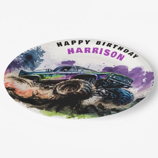 Gelukkige verjaardag Monster Truck Smash Crash Boy Papieren Bordje (Gekanteld)