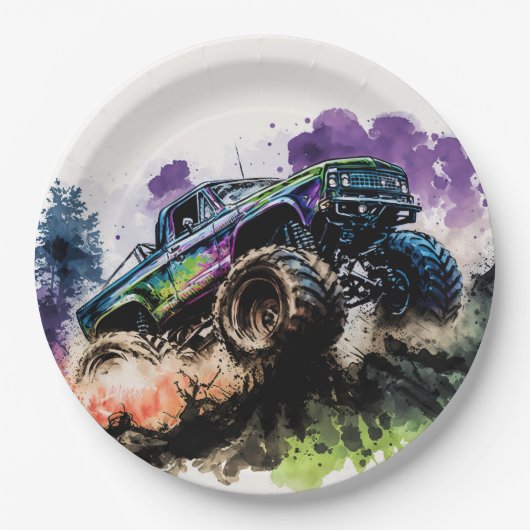 Gelukkige verjaardag Monster Truck Smash Crash Boy Papieren Bordje (Voorkant)