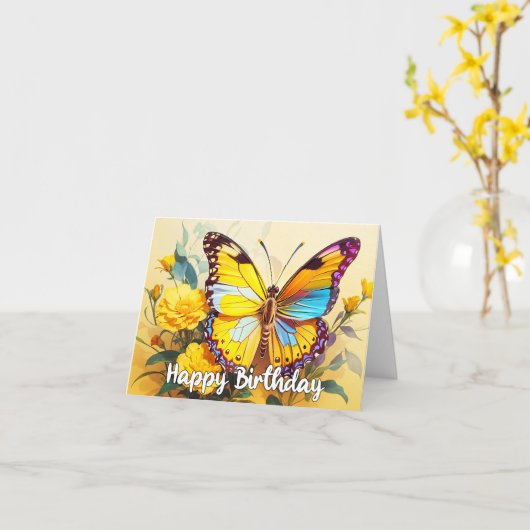 Gelukkige Verjaardag Mooi Resting Butterfly Design Kaart (Gele Bloem)