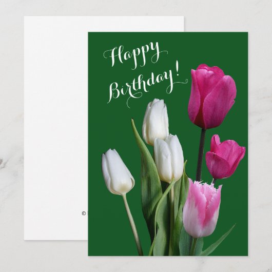 Gelukkige verjaardag mooie bloemenwitte roze tulpe feestdagenkaart (Voorkant / Achterkant)