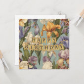 Gelukkige verjaardag mooie iris bloem bloeit kaart (Voorkant / Achterkant in situ)