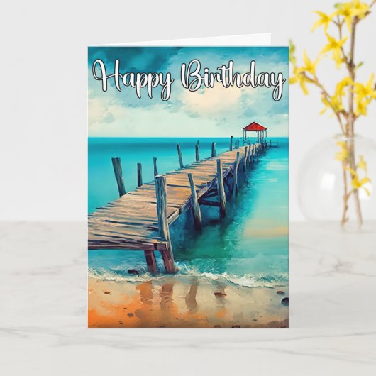Gelukkige Verjaardag Mooie Ocean Pier Kaart (Gele Bloem)