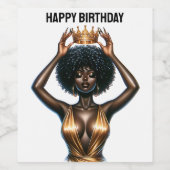 Gelukkige verjaardag, mooie, zwarte koningin, mela wijn etiket (Enkel label)