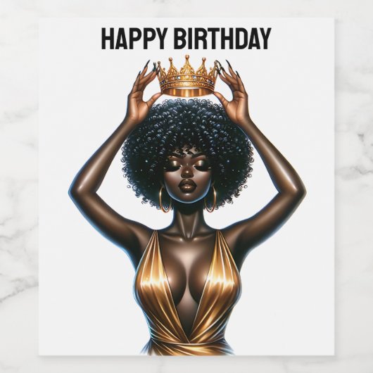 Gelukkige verjaardag, mooie, zwarte koningin, mela wijn etiket (Enkel label)